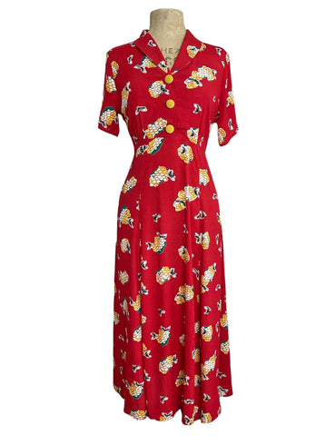Candy Red Honey Bee Print Tea Length Vintage Day Dress