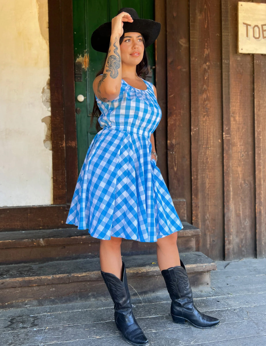 popover dress *ONLY SMALL LEFT* Gingham Mini (Sky Blue) Brown Cotton Linen Midi Accessory its a smart Color:Elderberry