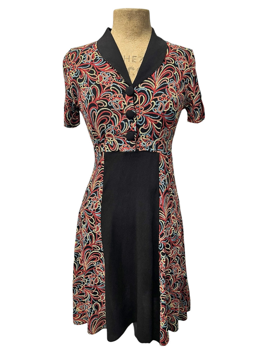 stitching dress vintage Vintage Embroidery Print Contrast 1940s Day Dress