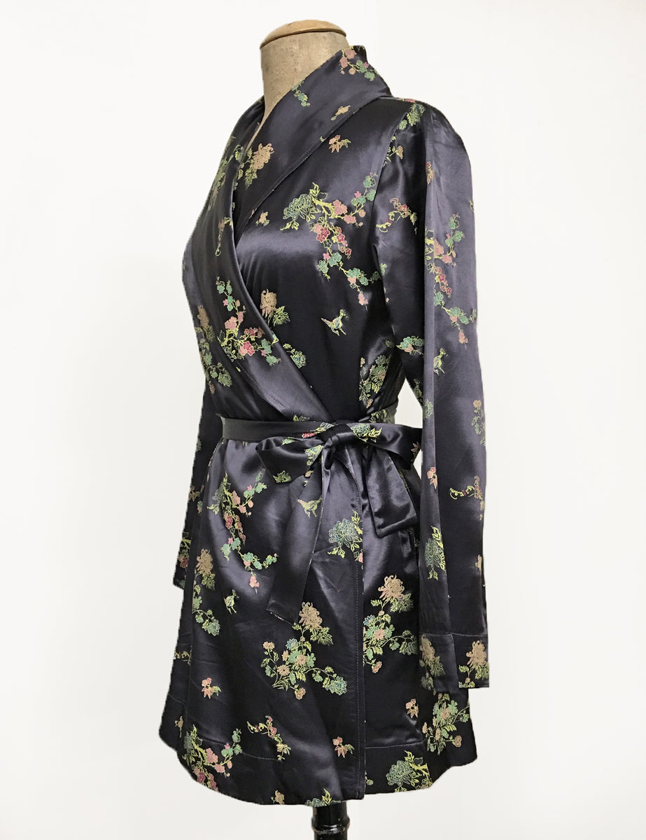 Stone Grey Printed Satin 1930s Style Shawl Collar Kimono Robe Loco Lindo
