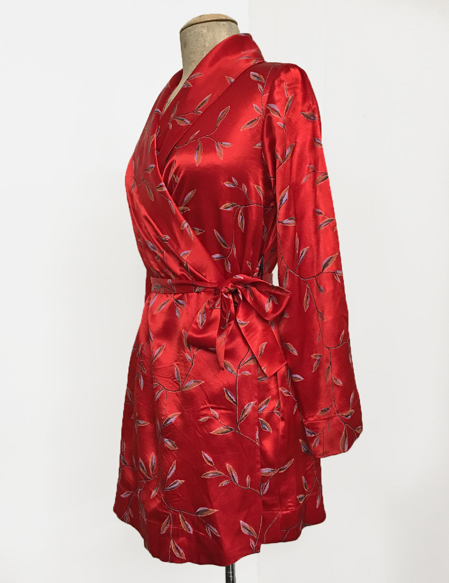 Red Printed Satin 1930s Style Shawl Collar Kimono Robe Loco Lindo
