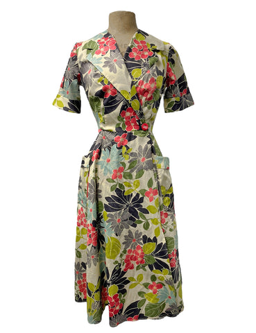 Scout Floral 1940s Shawl Collar Cotton Sateen Dress - Size Small