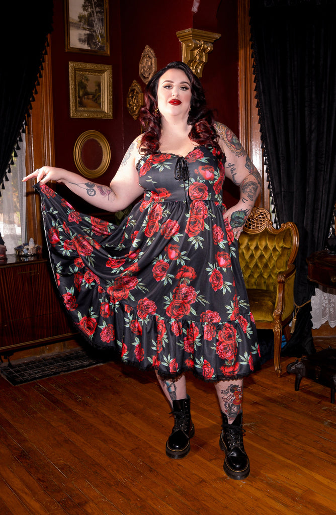 red floral swing dress Soft Floral Print Red Swing Dress with Short Sleeves and Round Neck