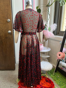 Lydia Wrap Dress in Black Queen of Hearts flocked mesh