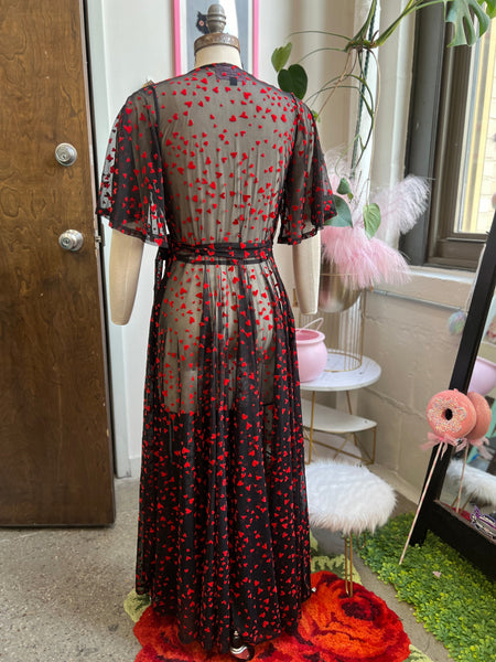 Lydia Wrap Dress in Black Queen of Hearts flocked mesh
