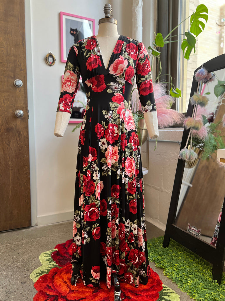 Raquel 3/4 Sleeve Maxi Dress in Red Rose Print Loco Lindo Raquel 3/4 Sleeve Maxi Dress in Red Rose Print Loco Lindo