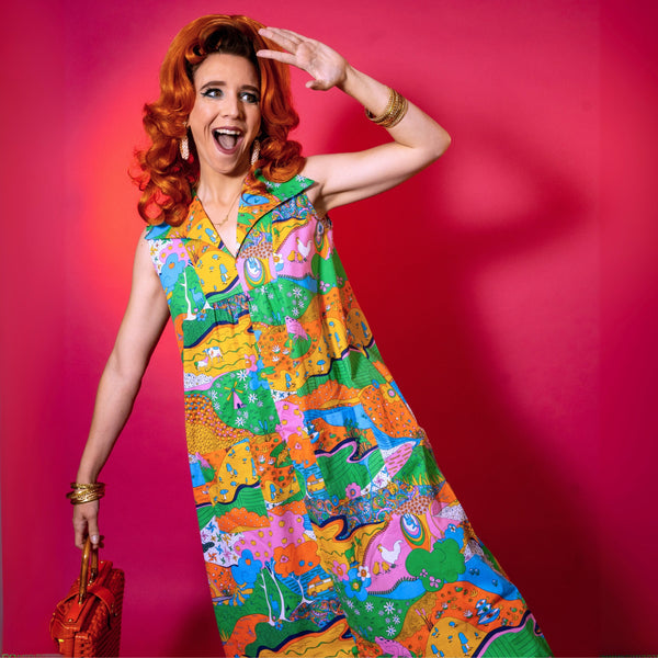 Glam Maxi House Dress in Rainbow Landscape