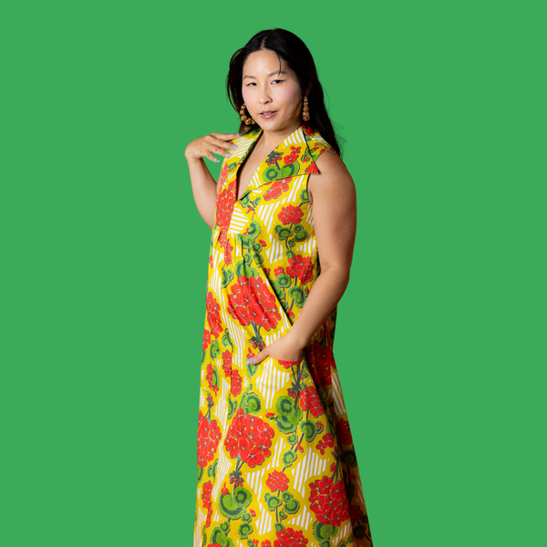 Modflower Wallpaper Glam Maxi House Dress in Sunshine