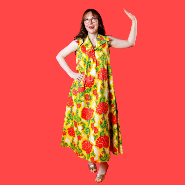 Modflower Wallpaper Glam Maxi House Dress in Sunshine