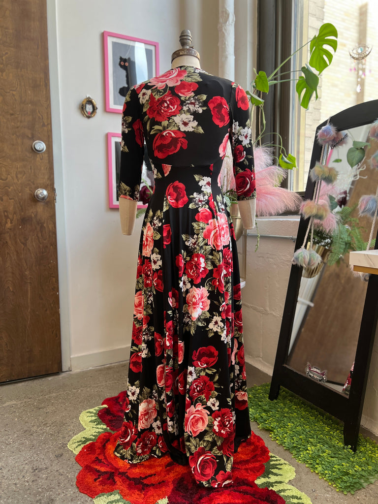 Raquel 3/4 Sleeve Maxi Dress in Red Rose Print Raquel 3/4 Sleeve Maxi Dress in Red Rose Print