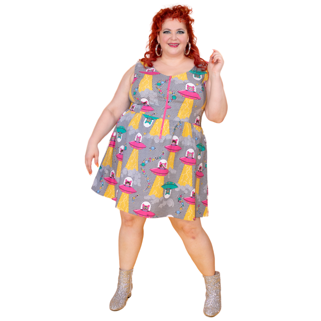Cats in Space Print Fit & Flare Midi Dress in Asteroid Field – Loco Lindo