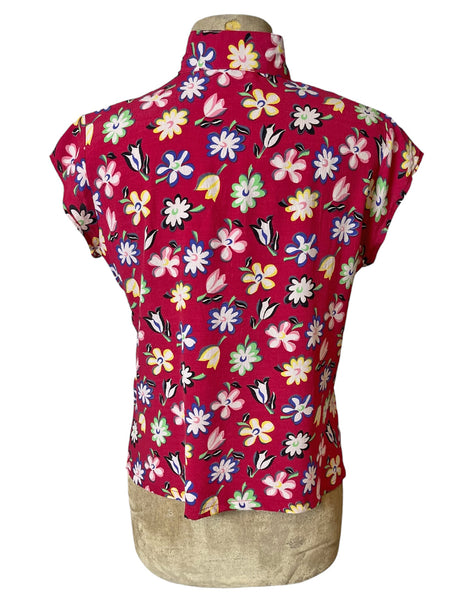 1940s Painted Petals Mandarin Collar Tea Timer Top