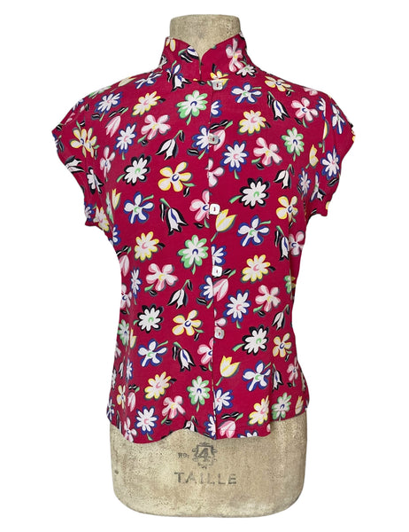 1940s Painted Petals Mandarin Collar Tea Timer Top