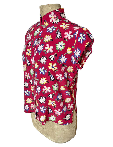 1940s Painted Petals Mandarin Collar Tea Timer Top