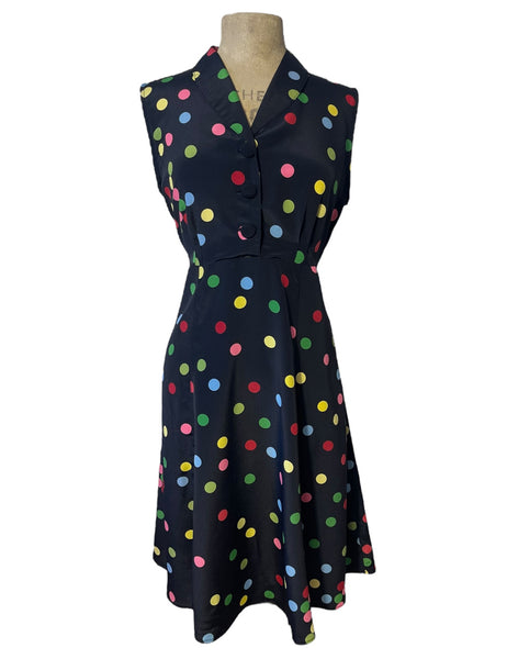 Black Circus Dot Retro Style Sleeveless Day Dress - Size Medium
