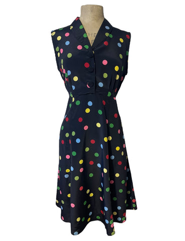 Black Circus Dot Retro Style Sleeveless Day Dress - Size Medium