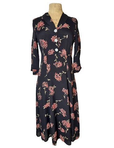 Black Coral Floral 3/4 Sleeve Vintage Day Dress - Size Small