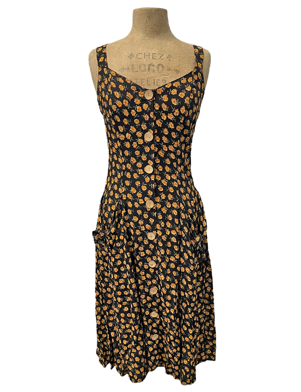 SAMPLE Black Dandelion Print Topanga Button Front Pocket Sundress - Size Small