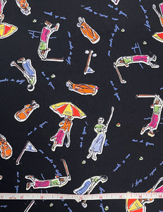 Black Golf Outing Print Rayon Crepe Fabric - 2.75 yds