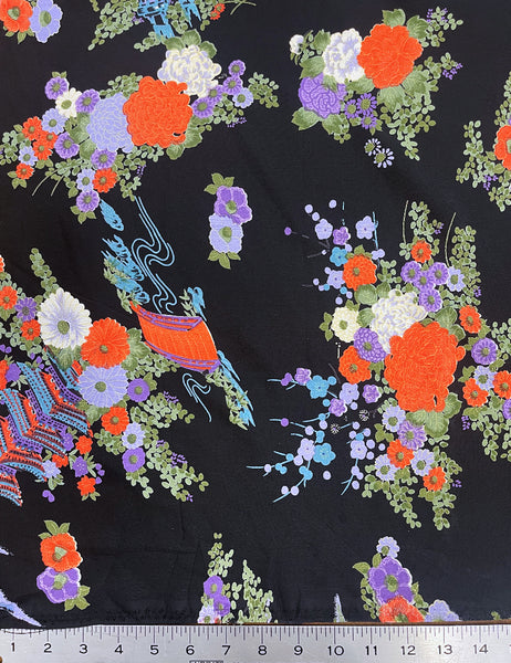 Black Japanese Garden Print Fabric - 1 & 1/3 yds