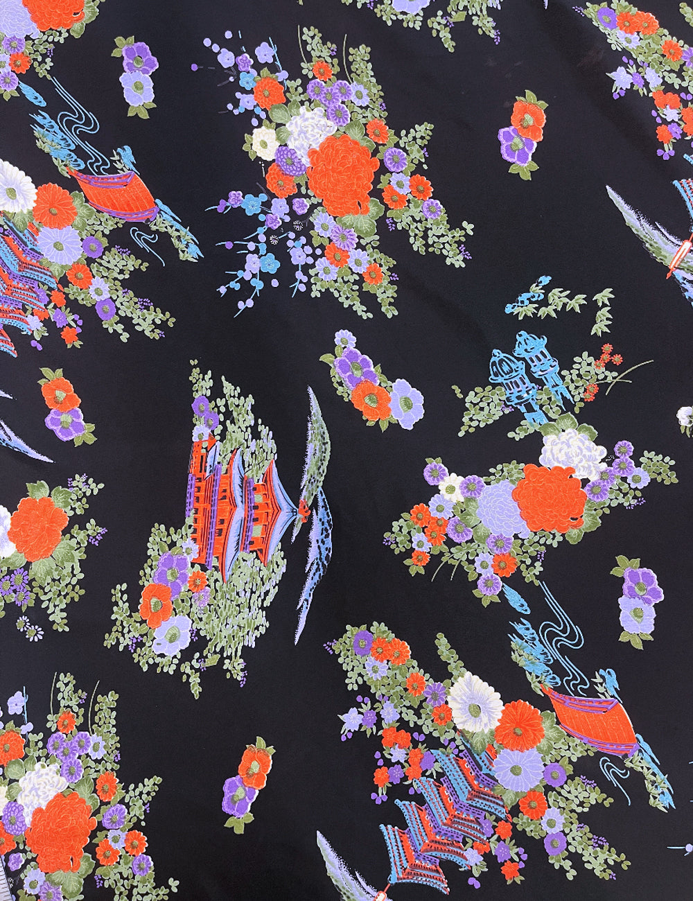 Black Japanese Garden Print Fabric - 1 & 1/3 yds