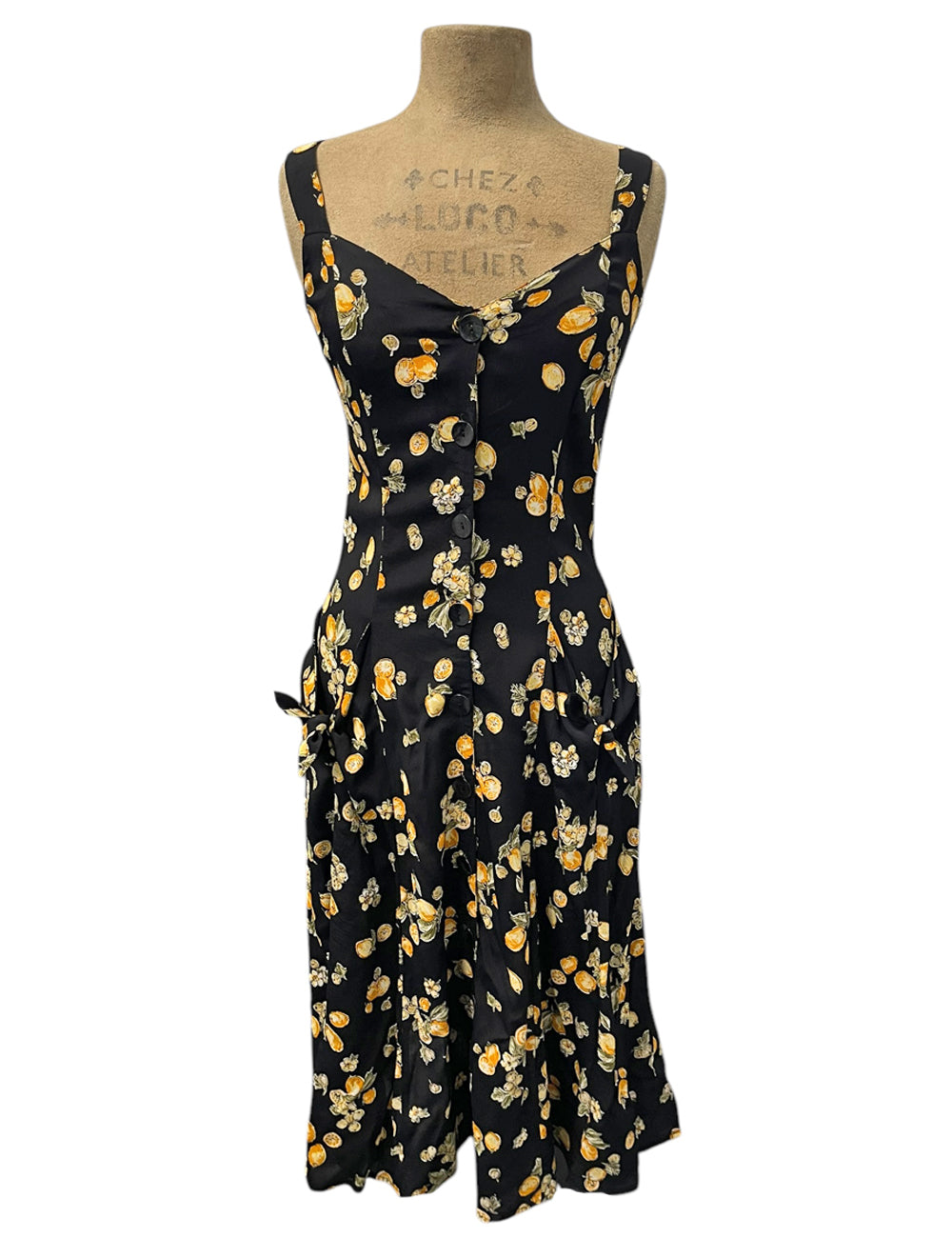 SAMPLE Black Lemon Print Topanga Button Front Pocket Sundress - Size Small