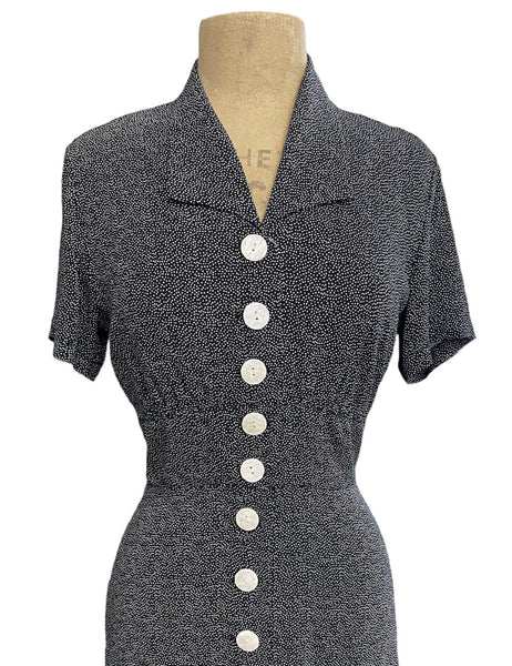 Black Pixie Dot 1940s Vintage Style Margie Button Dress