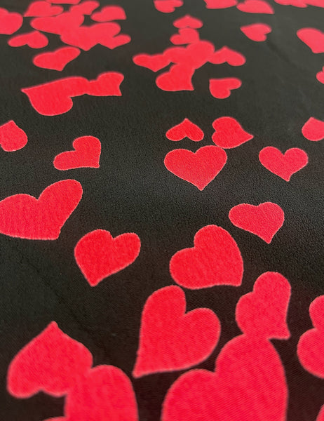 Black & Red Hearts Rayon Crepe Fabric - 1.5 yds - DAMAGE