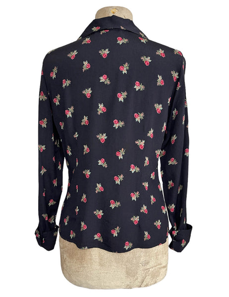 Black Rosebud Floral 1940s Button Up Hepburn Blouse