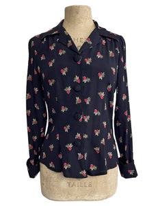 Black Rosebud Floral 1940s Button Up Hepburn Blouse