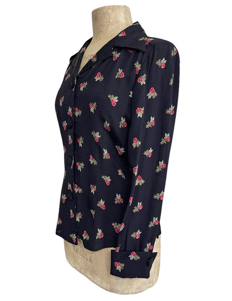 Black Rosebud Floral 1940s Button Up Hepburn Blouse