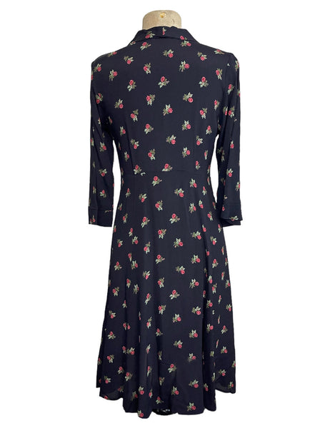 Black Rosebud Floral 1940s Sleeved Vintage Day Dress