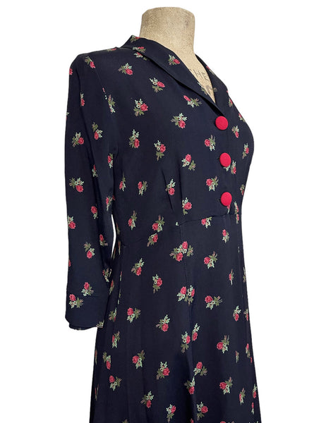 Black Rosebud Floral 1940s Sleeved Vintage Day Dress