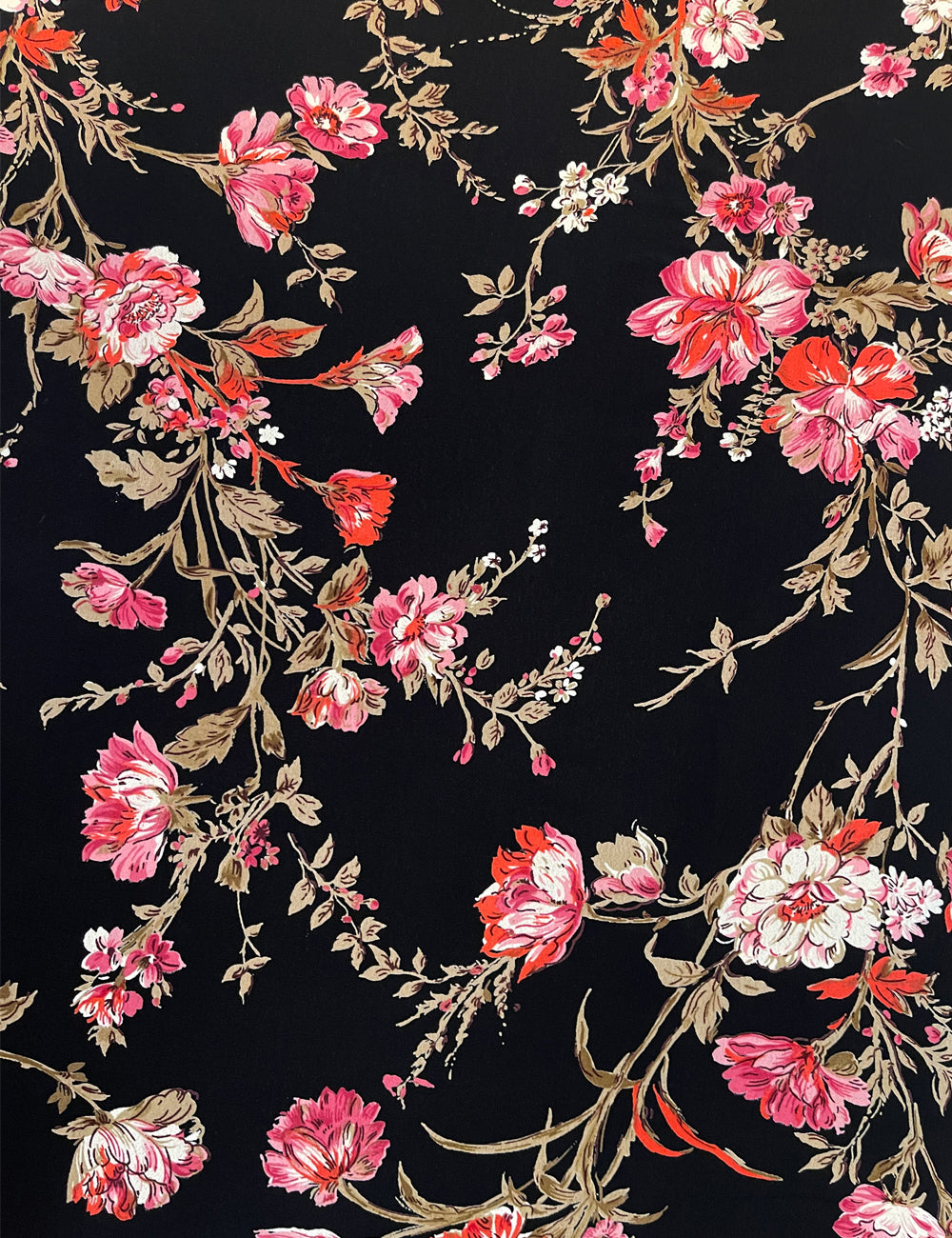 Black Vine Floral Rayon Crepe Fabric - 1.5 yds