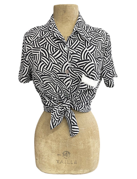 Black & White Deco Waves Retro Button Up Boyfriend Camp Shirt