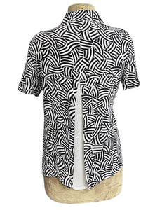 Black & White Deco Waves Retro Button Up Boyfriend Camp Shirt