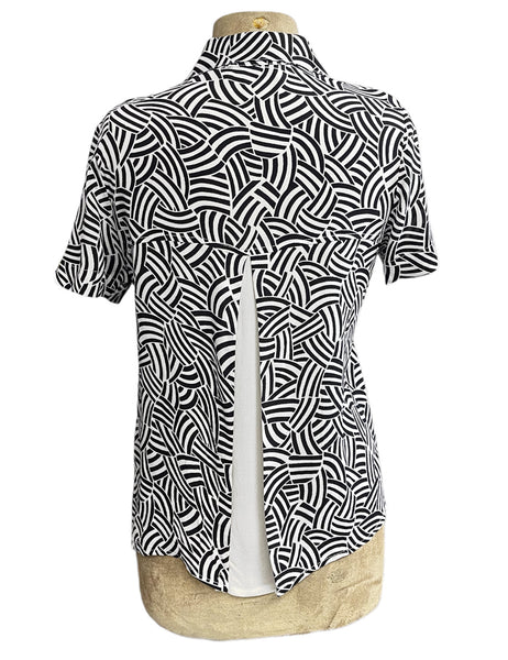Black & White Deco Waves Retro Button Up Boyfriend Camp Shirt