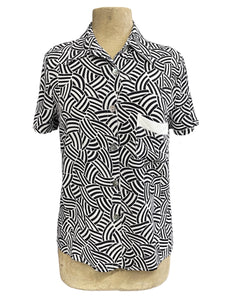 Black & White Deco Waves Retro Button Up Boyfriend Camp Shirt