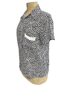 Black & White Deco Waves Retro Button Up Boyfriend Camp Shirt