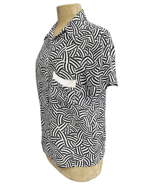 Black & White Deco Waves Retro Button Up Boyfriend Camp Shirt