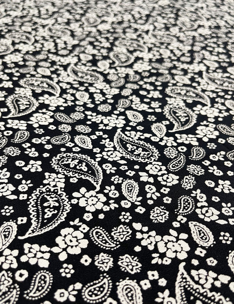 Black & White Paisley Print Rayon Crepe Fabric - 1 yd