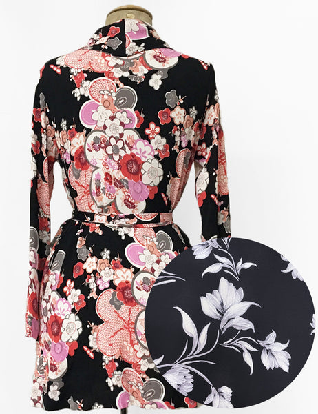 PREORDER - Black & White Winter Floral 1930s Shawl Collar Robe