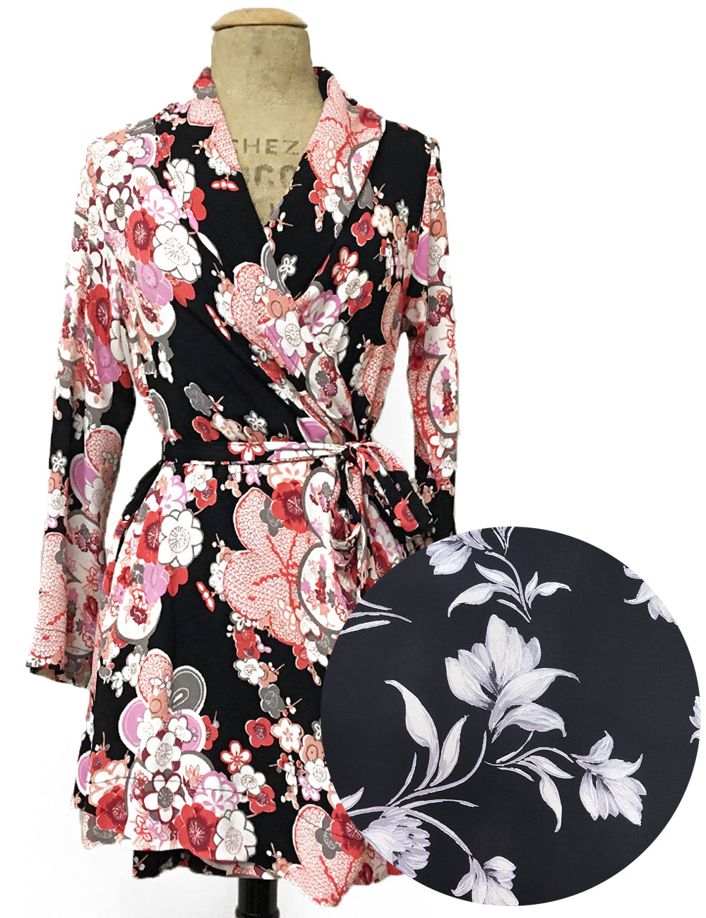 PREORDER - Black & White Winter Floral 1930s Shawl Collar Robe