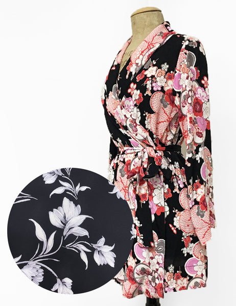 PREORDER - Black & White Winter Floral 1930s Shawl Collar Robe