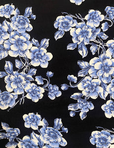 Black & Blue Floral Rayon Crepe Fabric - 1 & 2/3 yds
