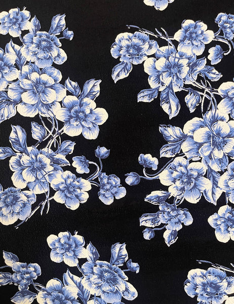 Black & Blue Floral Rayon Crepe Fabric - 1 & 2/3 yds