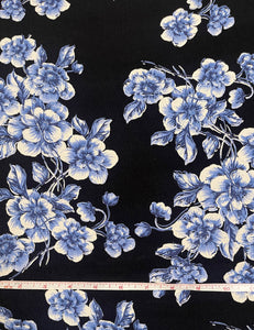 Black & Blue Floral Rayon Crepe Fabric - 1 & 2/3 yds