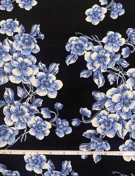 Black & Blue Floral Rayon Crepe Fabric - 1 & 2/3 yds