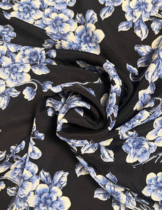 Black & Blue Floral Rayon Crepe Fabric - 1 & 2/3 yds
