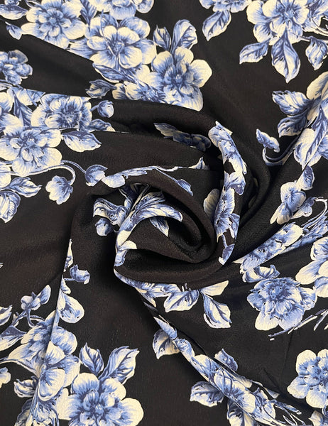 Black & Blue Floral Rayon Crepe Fabric - 1 & 2/3 yds